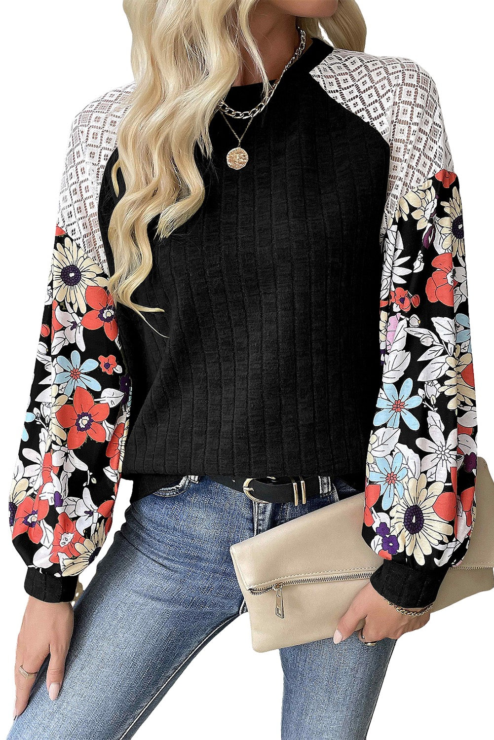 Pre-Order Black Floral Patchwork Long Sleeve